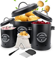 Set di 3 contenitori in metallo per cipolle, patate e aglio, con design vintage, stilevole conservazione e lunga durata, con ventilazione, nero