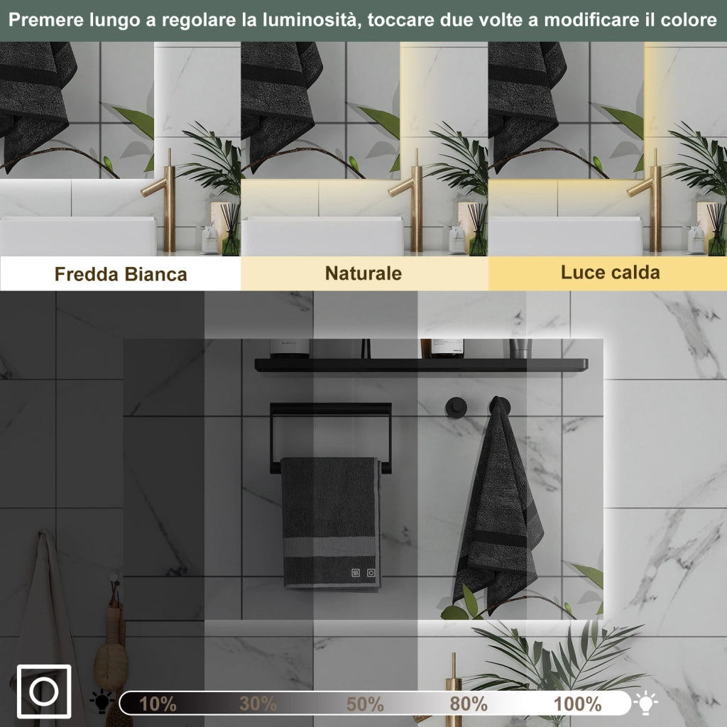 AICA Specchio da bagno 80 x 60 cm, dimmerabile, Funzione Memoria, antiappannamento, 3 colori