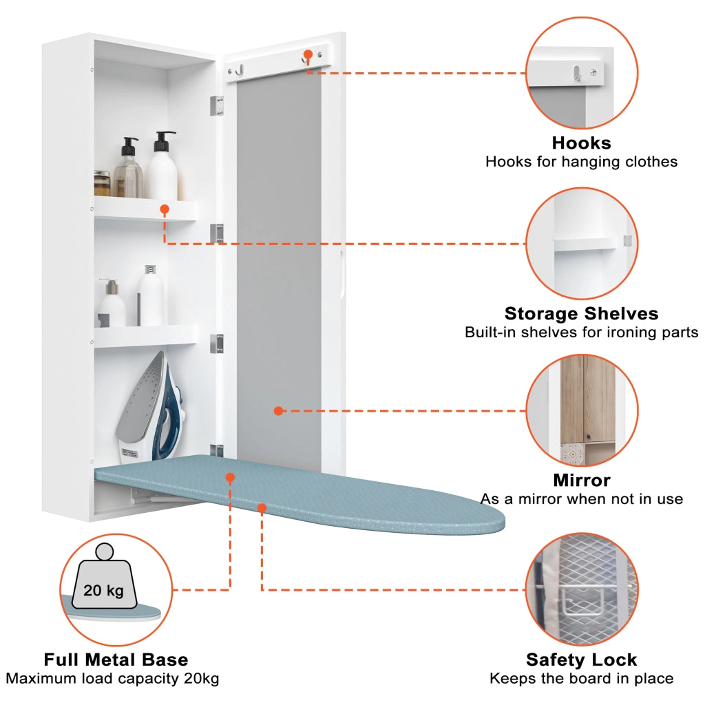 Mobiletto da parete con asse da stiro pieghevole e specchio, bianco in MDF