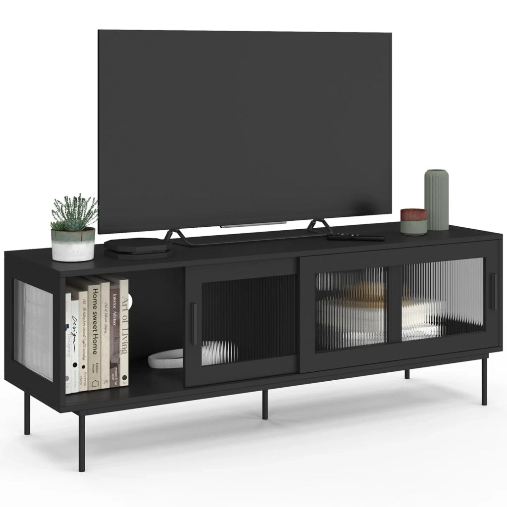 IDMarket - Mobile TV ZINEB 140 cm, 2 ante scorrevoli in vetro, frontale nero scanalato