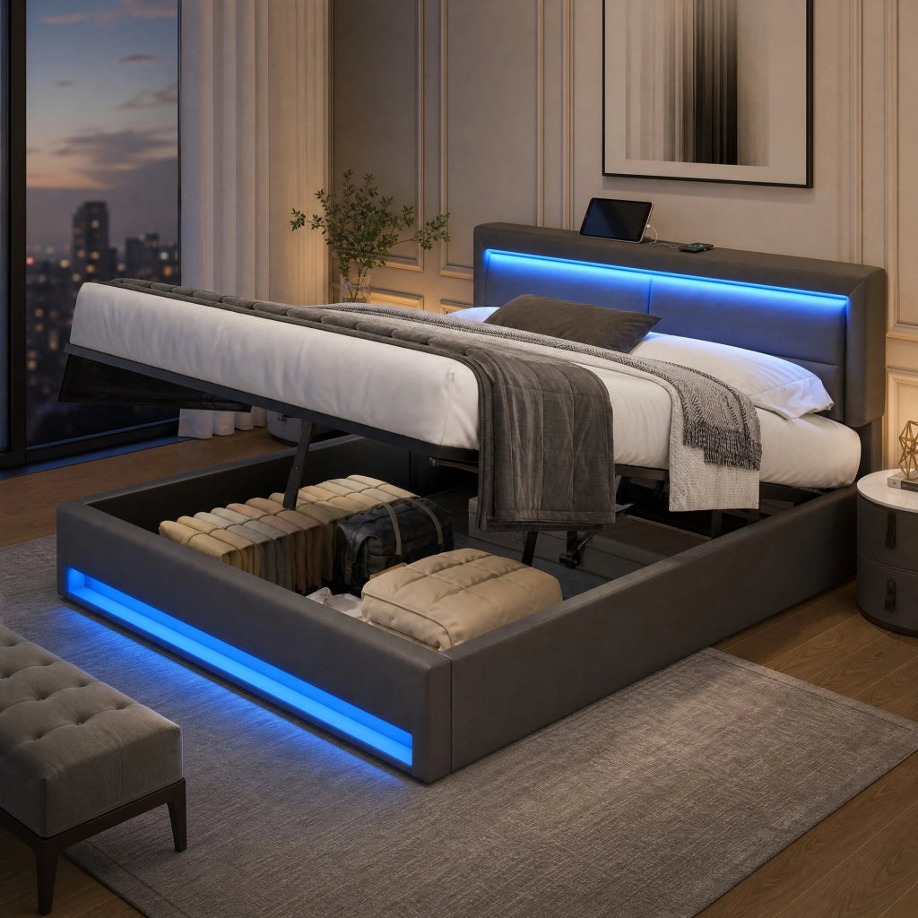 Letto imbottito 140x200 cm in PU grigio con LED e USB