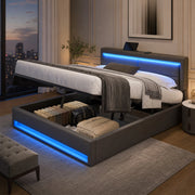 Letto imbottito 140x200 cm in PU grigio con LED e USB