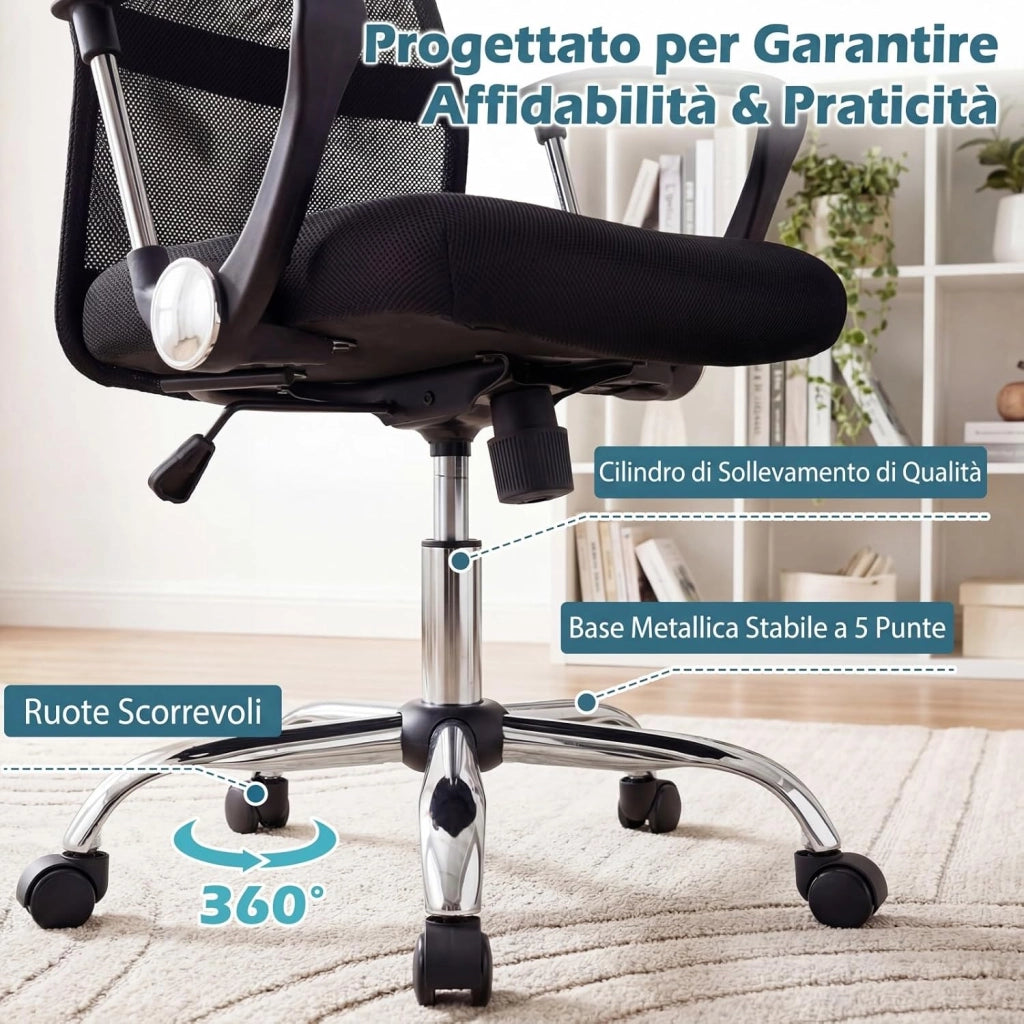 Sedia da Ufficio Girevole, Schienale Ergonomico | Altezza Regolabile, Poltrona Scrivania in Rete, Braccioli Curvi, Ruote, per Casa Studio