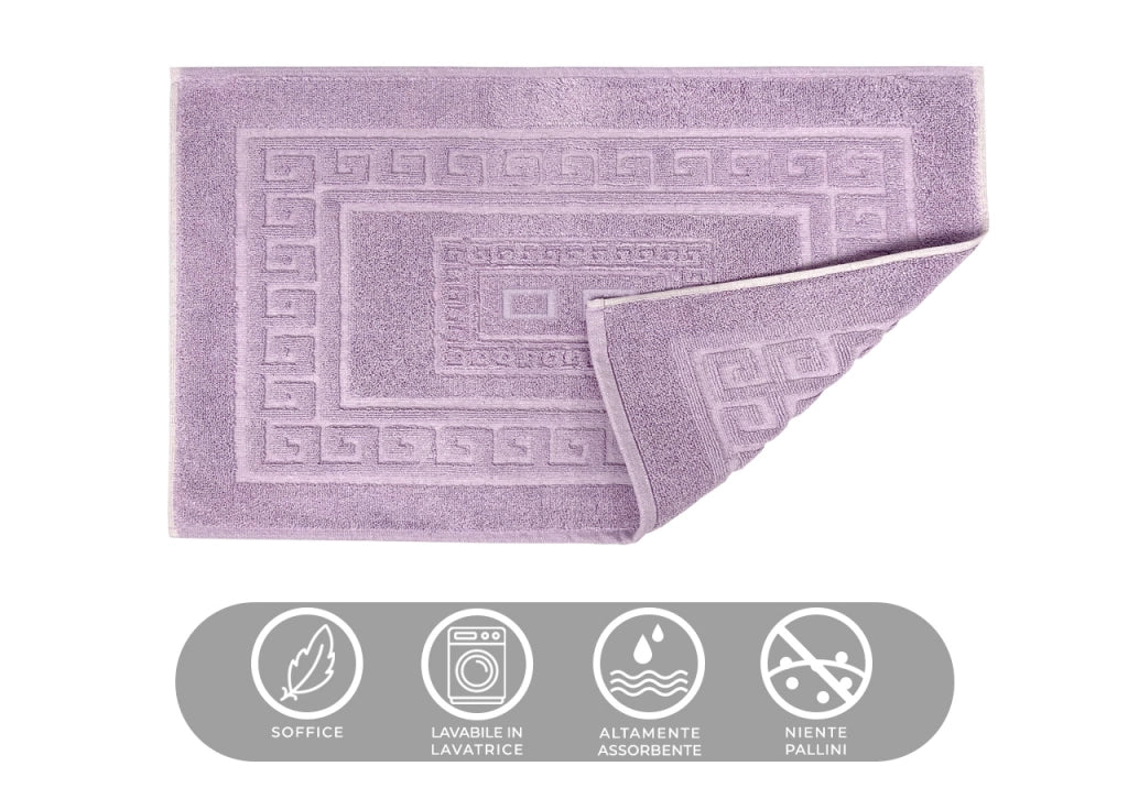 Tappeto Bagno Doccia Spugna Tinta Unita Torino Tappetino Super Assorbente In Cotone Pelo Corto Con Greca - Parure 3 Pezzi - Lilla