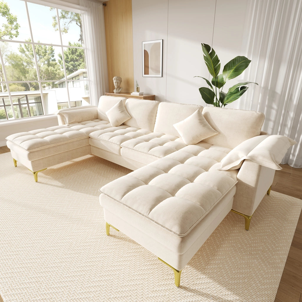 Divano angolare a U 4-5 posti - con 2 chaise longue e 2 cuscini - in chenille beige