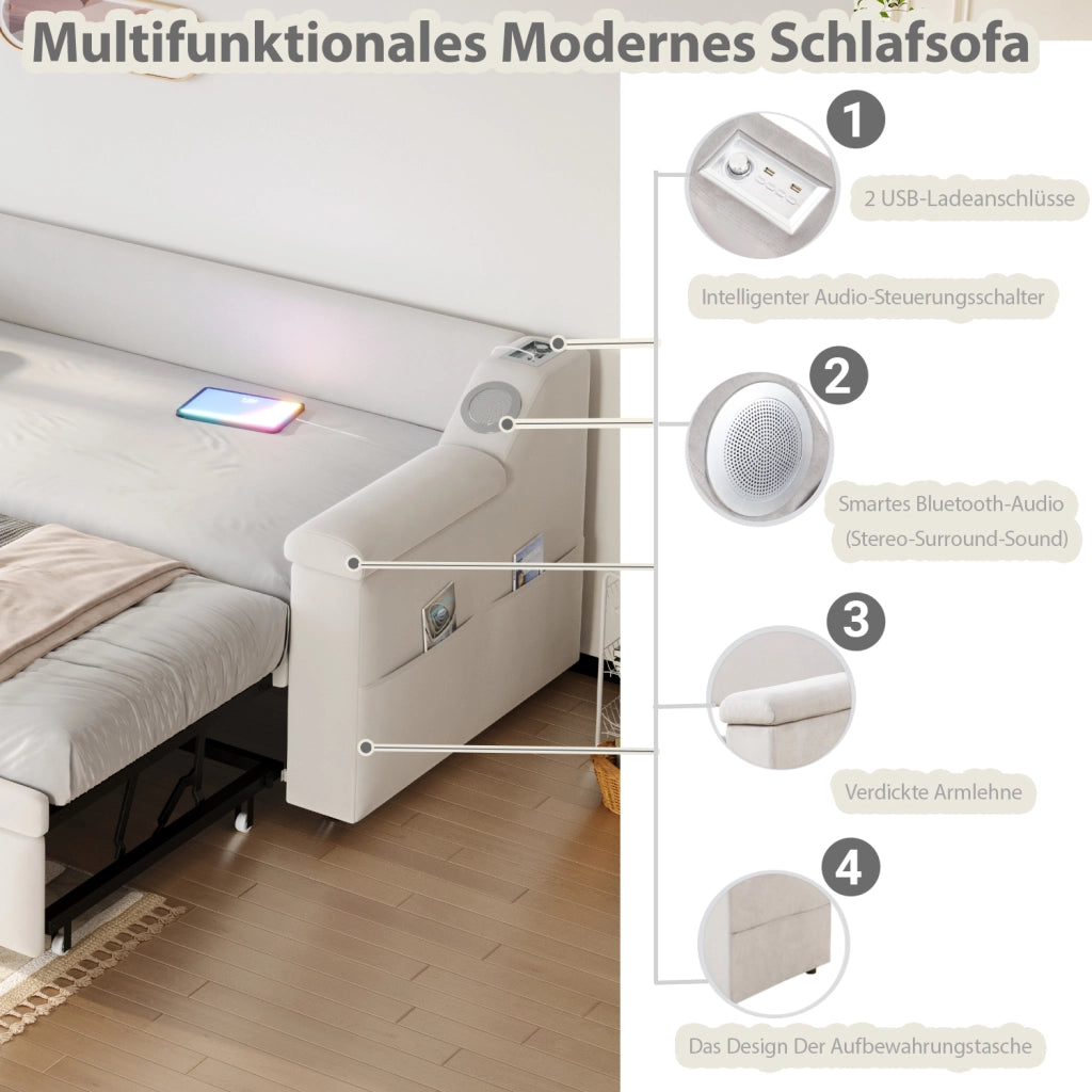 DESMIU Lit simple 90 × 190 cm con USB, vani portaoggetti e Bluetooth, si apre a 180 × 190 cm, senza materasso, beige