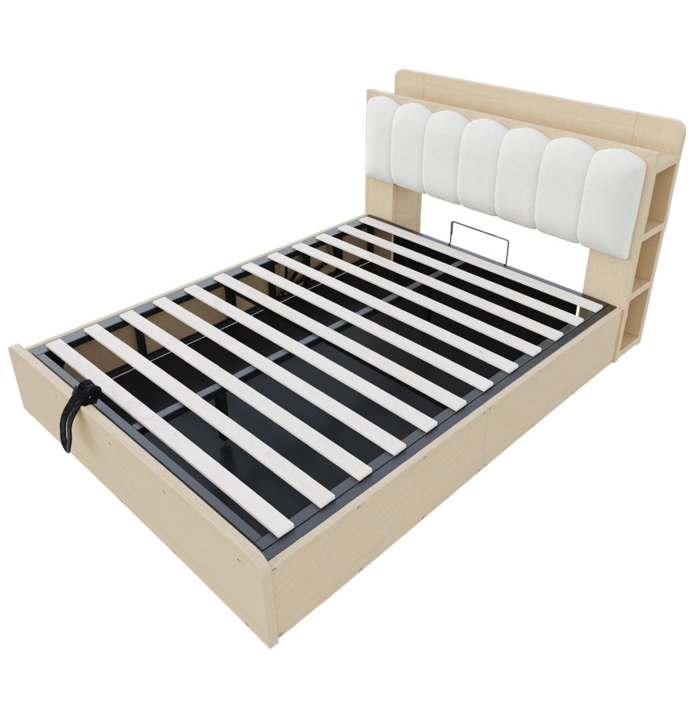 Letto 140x200 cm con contenitore idraulico; testiera con vani; USB e luce; legno colore naturale