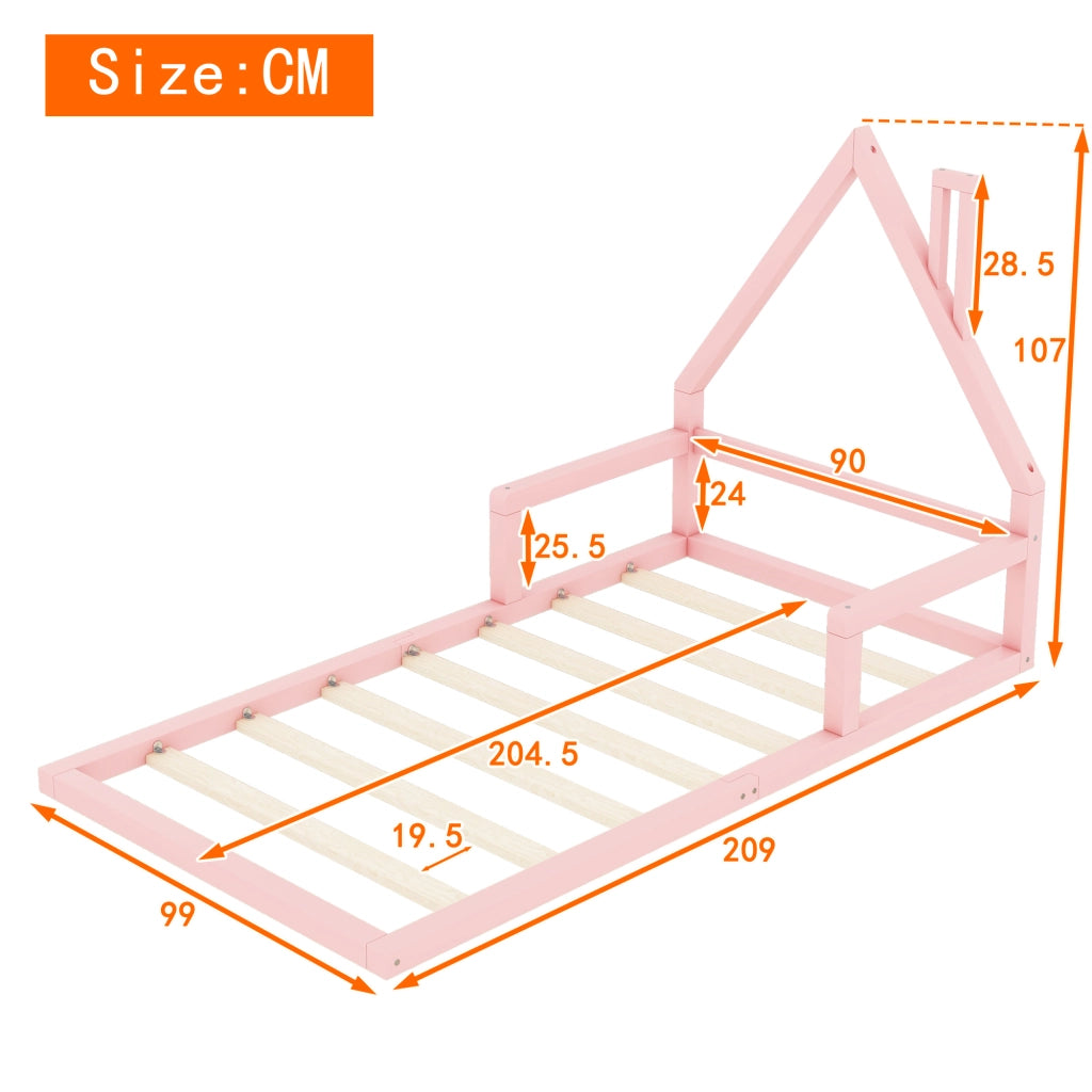 Letto a forma di casa per bambini rosa in legno massello di pino 90x200 cm