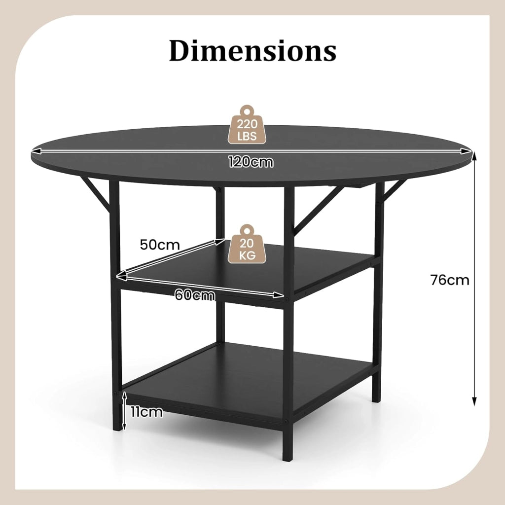 Tavolo da Pranzo Rotondo Ø 120 cm, adatto per 4-6 Persone, con 2 Ripiani, Piano Effetto Legno e Struttura in Metallo, Stile Industriale, Ideale per Cucina e Sala da Pranzo