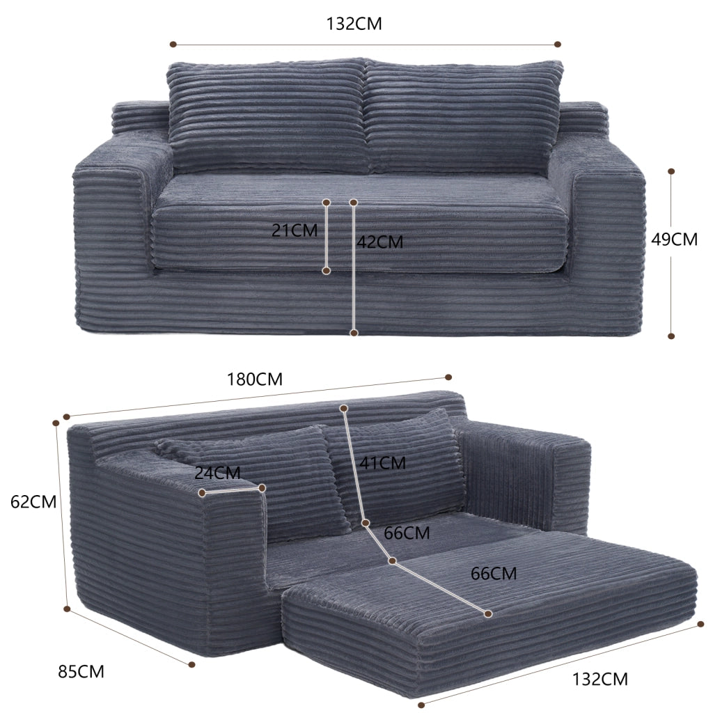 Divano letto a 2 posti in memory foam senza montaggio con rivestimento in tessuto a coste grigio scuro compatto