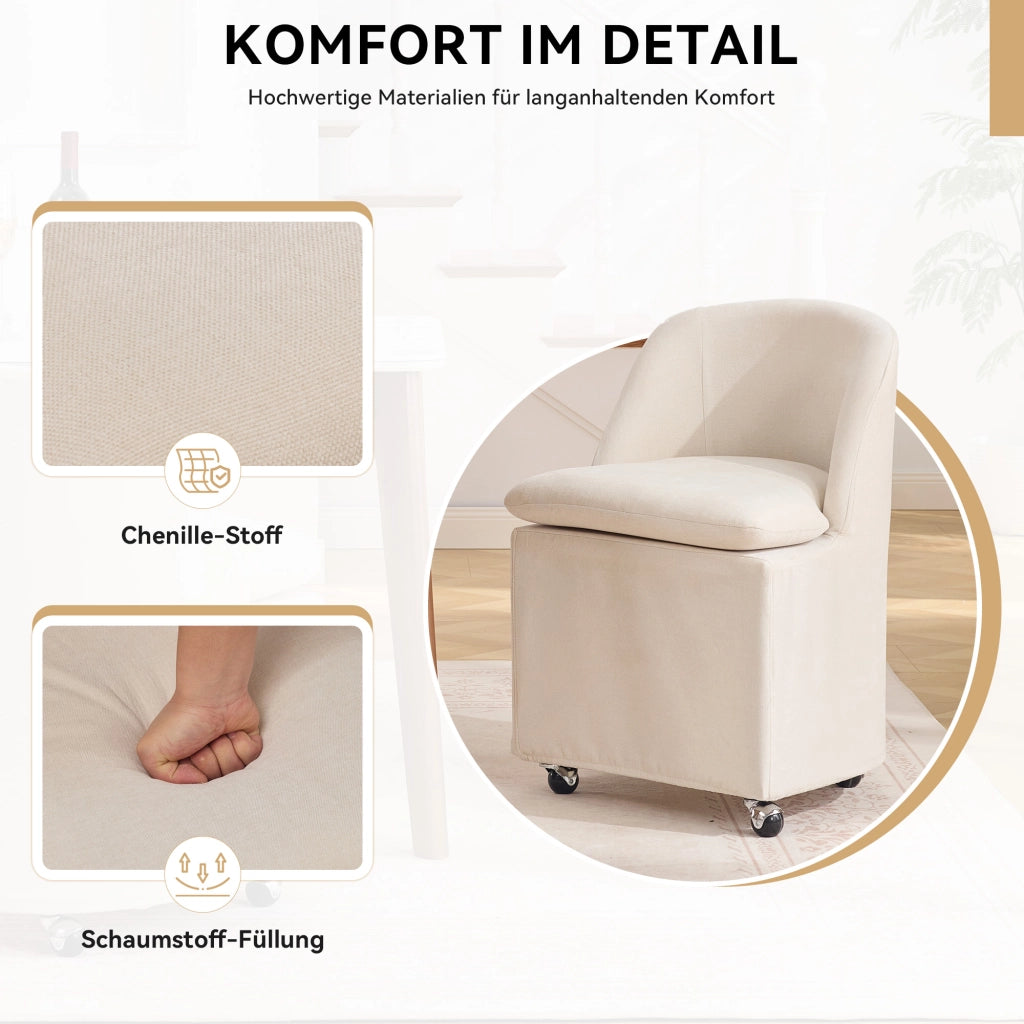 SEDIA girevole con rotelle 53,5x53x78,5 cm in chenille beige Set da 2 pezzi