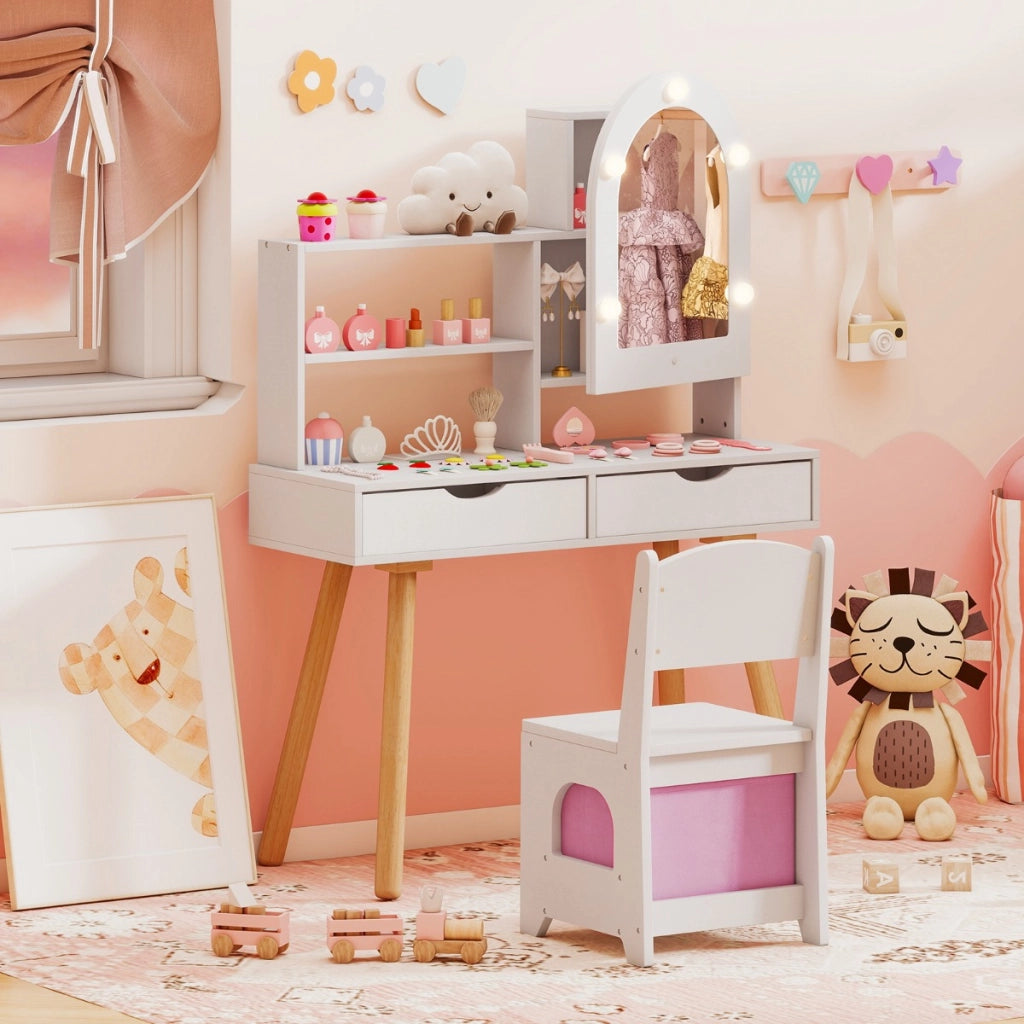 Set tavolo da toeletta per bambini da trucco con 3 modalit¨¤ di illuminazione colorata, Tavolo specchio con armadietto Bianco