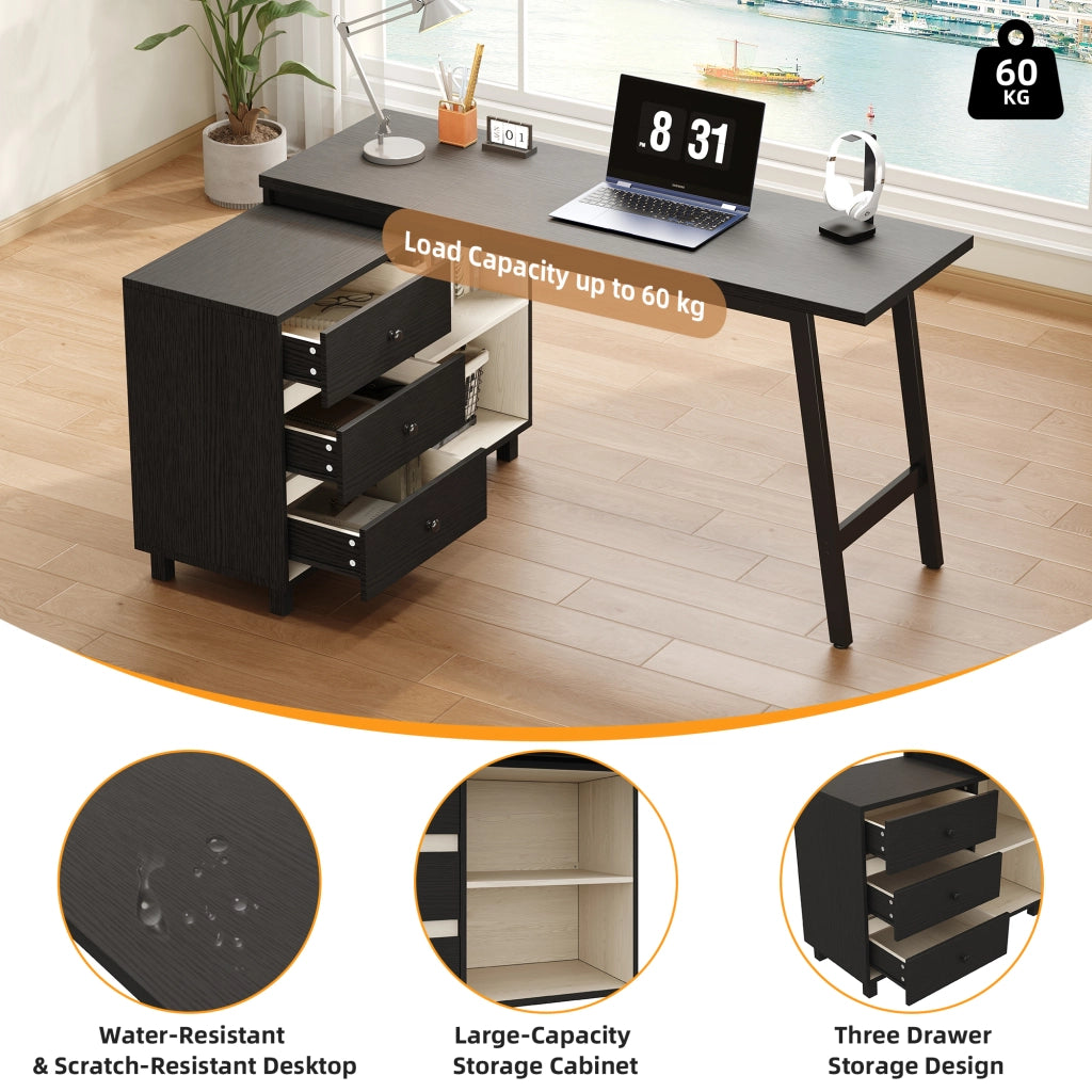 Scrivania angolare con 3 cassetti e 2 vani aperti in MDF e acciaio per ufficio e studio nero bianco 150 × 100 × 76 cm