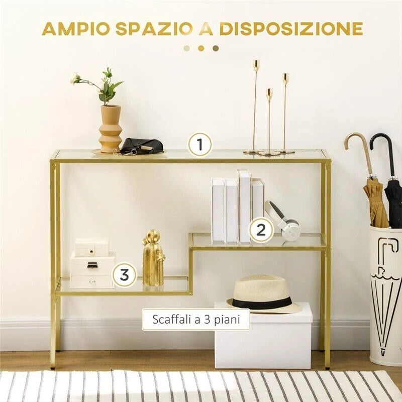 CONSOLLE DA INGRESSO A 3 RIPIANI IN ACCIAIO E VETRO TEMPERATO 100X32X76 CM ORO