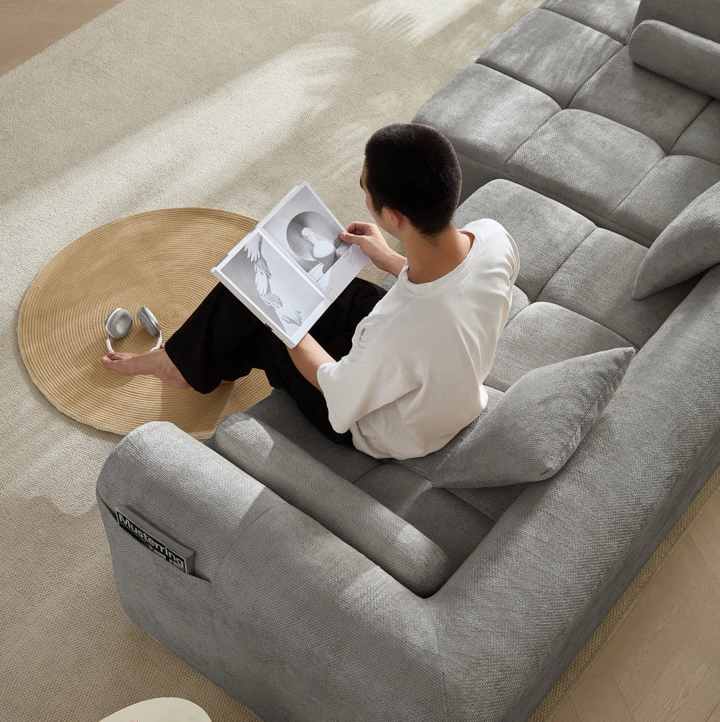 Divano angolare ULEVR 263x132,5x68 cm in tessuto chenille grigio chiaro con tasca laterale