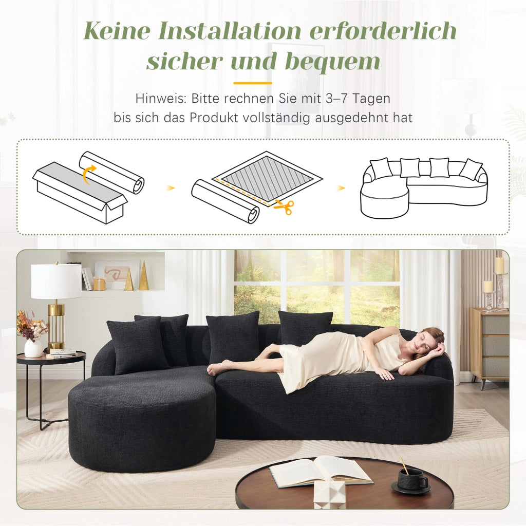 Divano modulare angolare 3 posti con chaise longue sinistra design curvo montaggio senza attrezzi in chenille nero