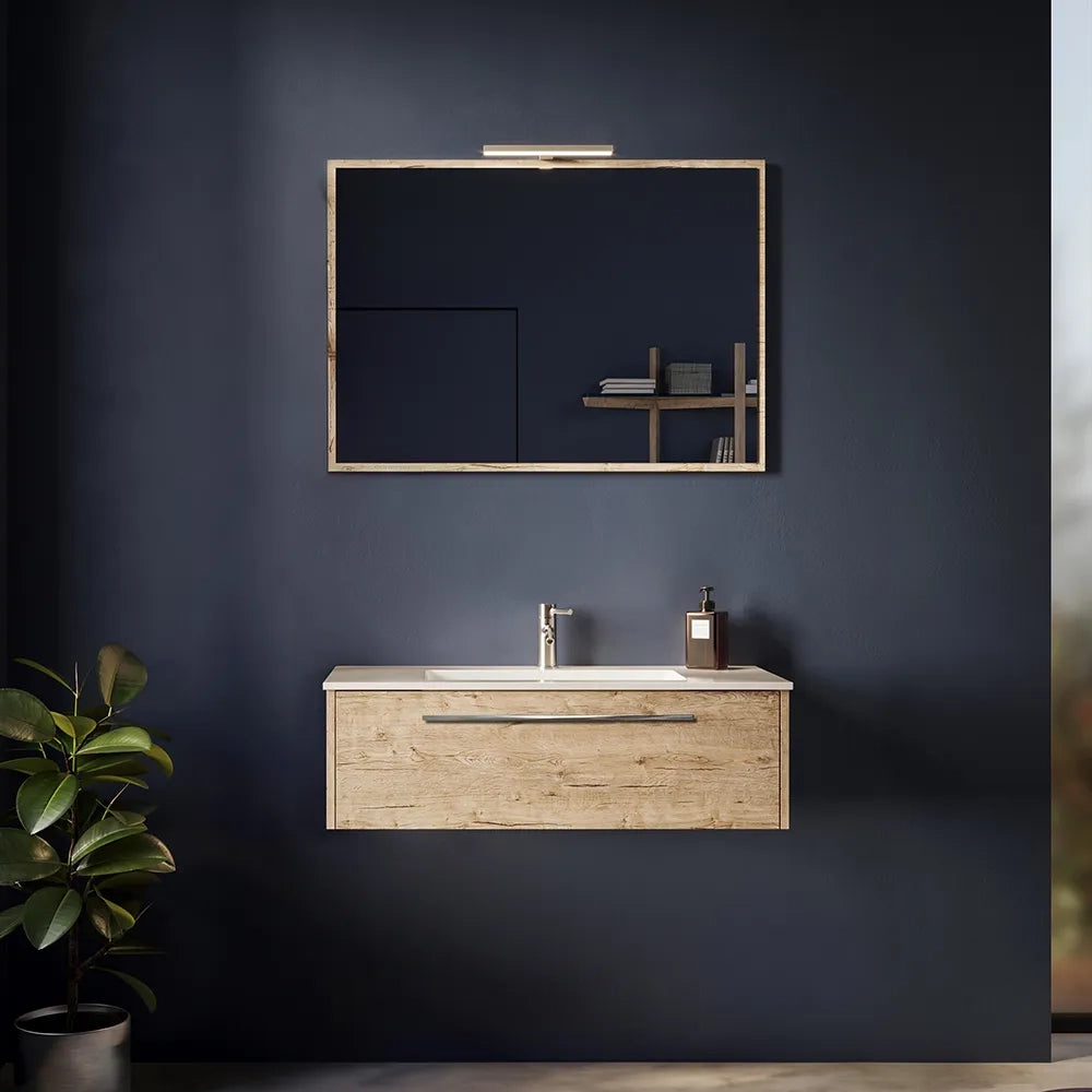 Mobile bagno sospeso 100cm rovere naturale un cassetto soft-close con lavabo e specchio | Aoki