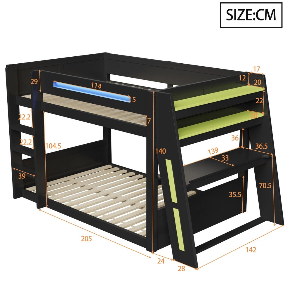 Letto a Castello Gaming in Legno con Scrivania e LED ¨C Xylo ¨C Nero, 140x200