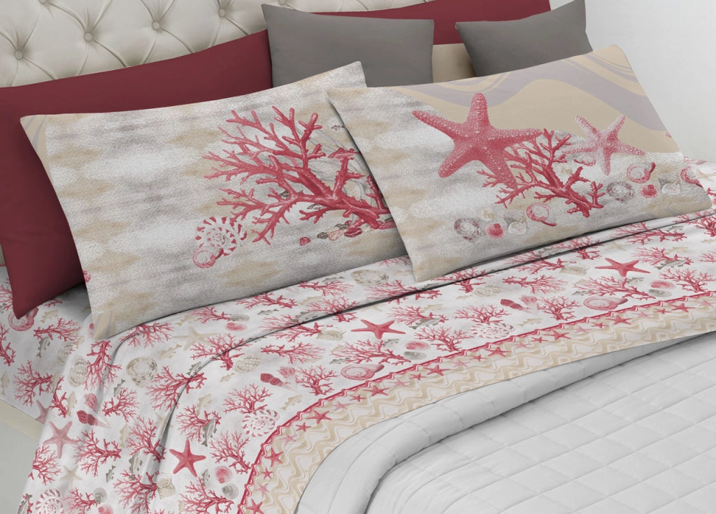 Completo Lenzuola Letto Pensieri Delicati 100% Cotone Dis. Marina New - Piazza E Mezza - Rosso