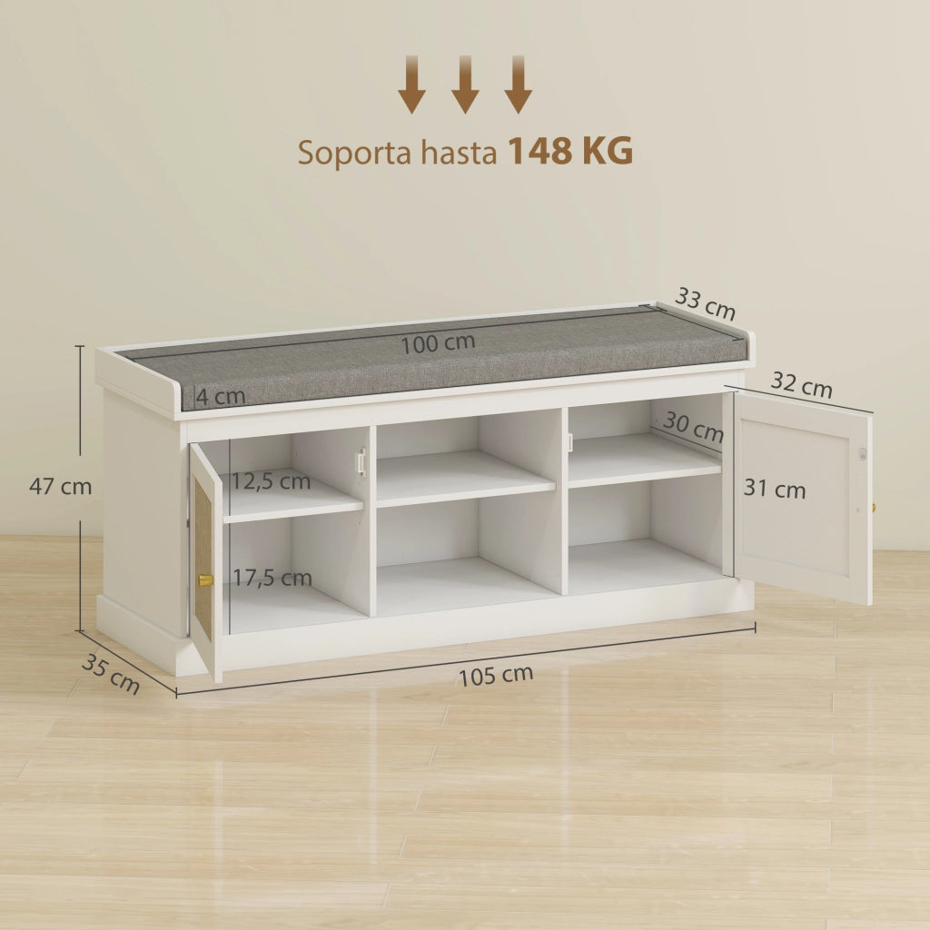 Cassettiera con ante in rattan e ripiani regolabili ¨C zephmum ¨C 105x35x47 cm bianco