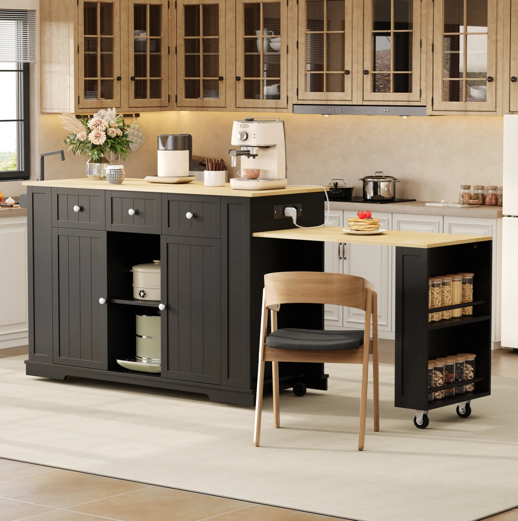 Isola da cucina mobile con tavolo estraibile; prese USB e 2 prese EU; 138(213)x55x93 cm; nero e naturale