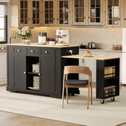 Isola da cucina mobile con tavolo estraibile; prese USB e 2 prese EU; 138(213)x55x93 cm; nero e naturale