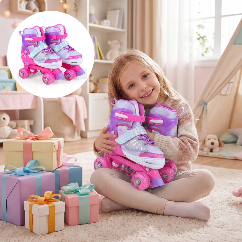 Pattini a rotelle per bambina con diversi strati protettivi e 4 ruote luminose con freno, Pattini a rotelle regolabili in 4 taglie Rosa M