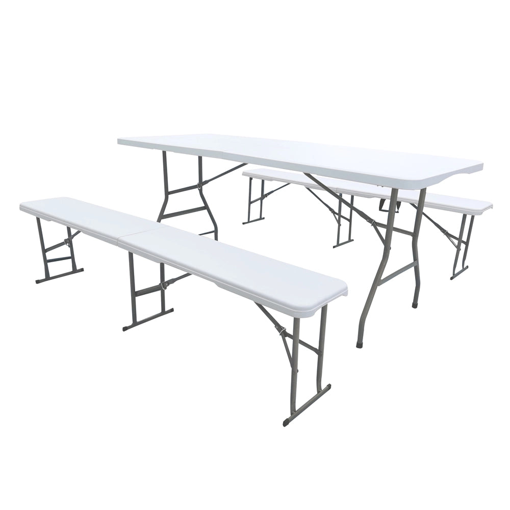Set Da 3 Pezzi Tavolo + 2 Panche Pieghevoli Set Birreria Interno Esterno 180 Cm XXL 6/8 Per Feste Sagre Posti Maniglie Per Trasporto Giardino Campeggio Struttura Acciaio Impermeabile Uv Resistente Tavolino E Panchine Vacanze