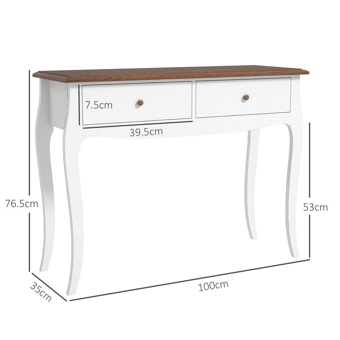 Tavolo Consolle Moderno 100x35x76,5 cm con 2 Cassetti in Legno Bianco e Marrone Scuro