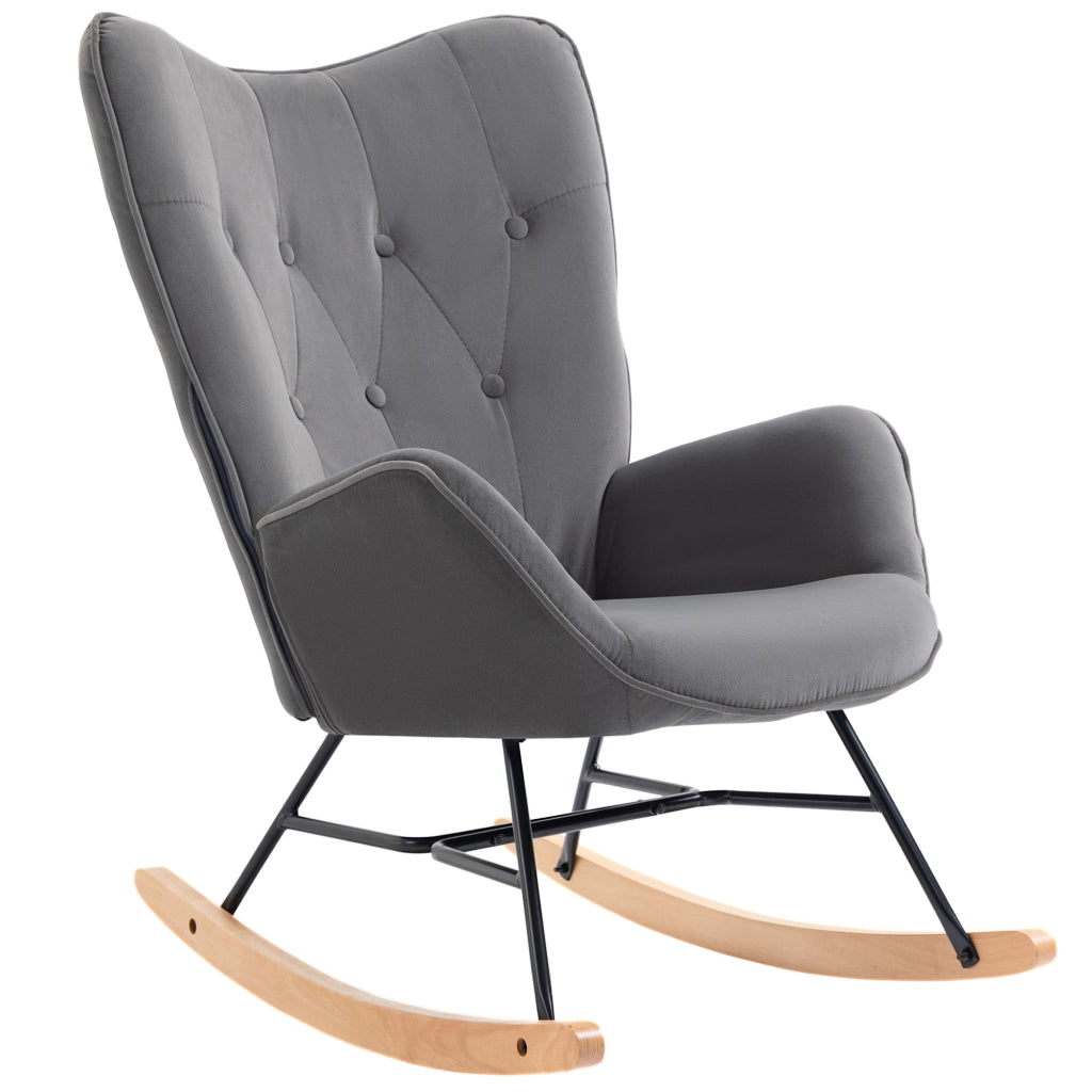 Poltrona a Dondolo con Steppatura e Gambe in Legno ¨C zephmum ¨C Velluto Grigio Scuro