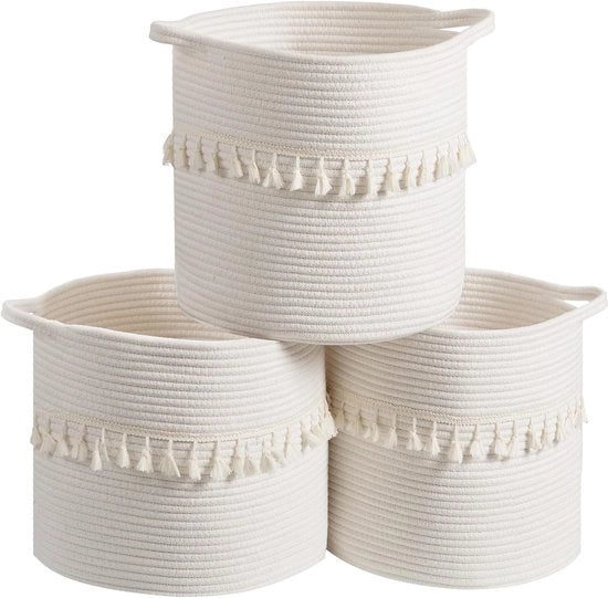 Set di 3 contenitori di archiviazione - decorativi e funzionali - 28 x 28 cm - bianco - cotone