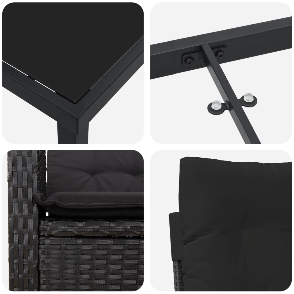 Set da Pranzo da Giardino da 7 Pezzi con Cuscini Nero Rattan Sintetico