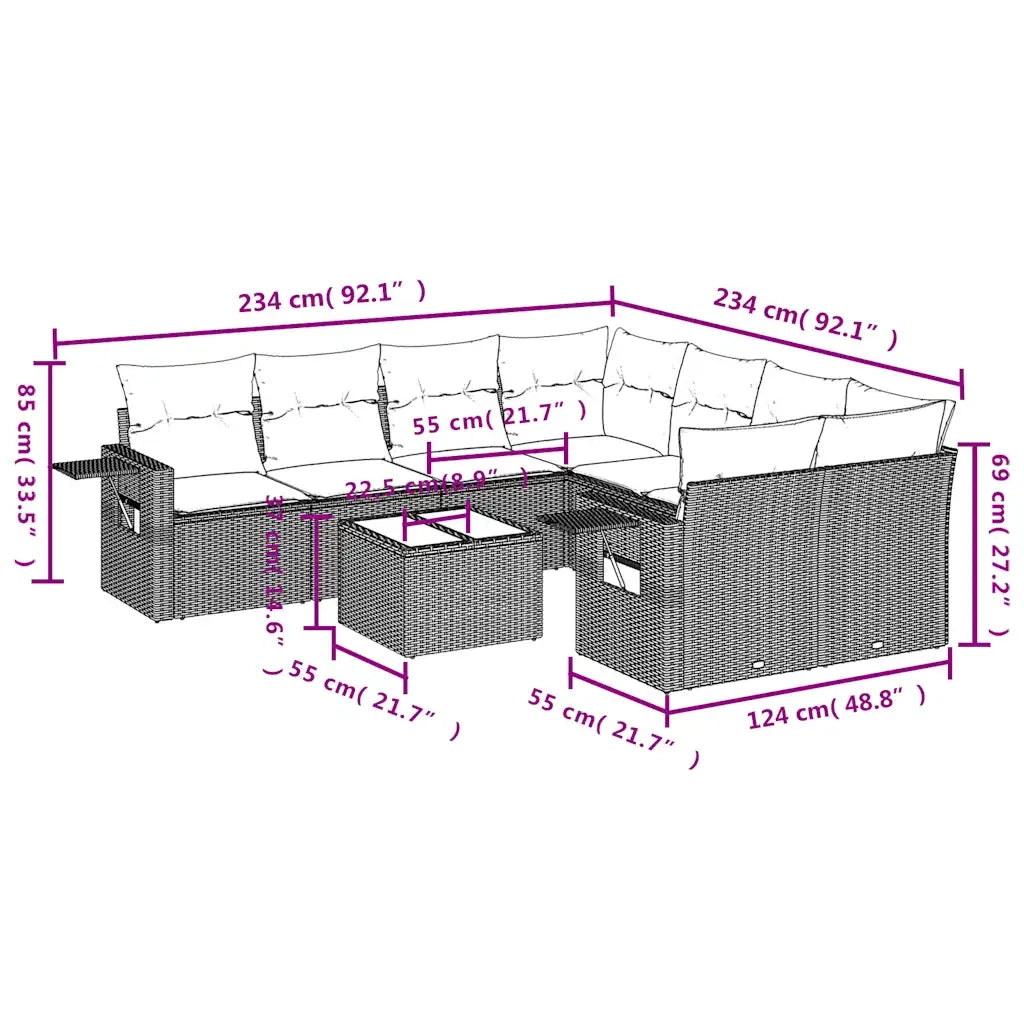 Set Divani da Giardino 9pz con Cuscini Marrone in Polyrattan