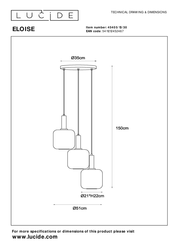 Lampada sospesa moderna Eloise nera vetro Ø40cm 3xE27 Lucide