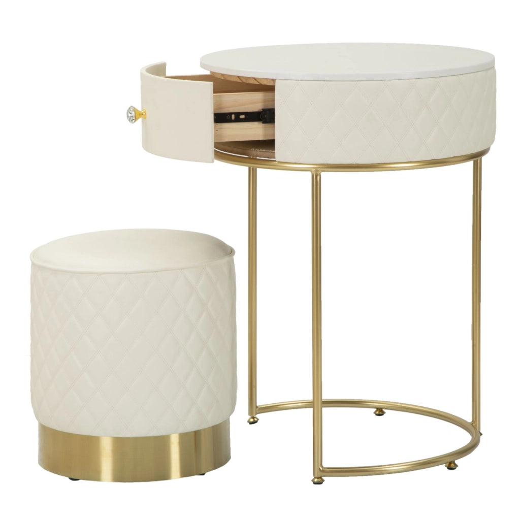 Comodino Toeletta con Puff Sharon Ø52x70 cm - Ø36x39 cm in Pino e MDF e Metallo e Plastica