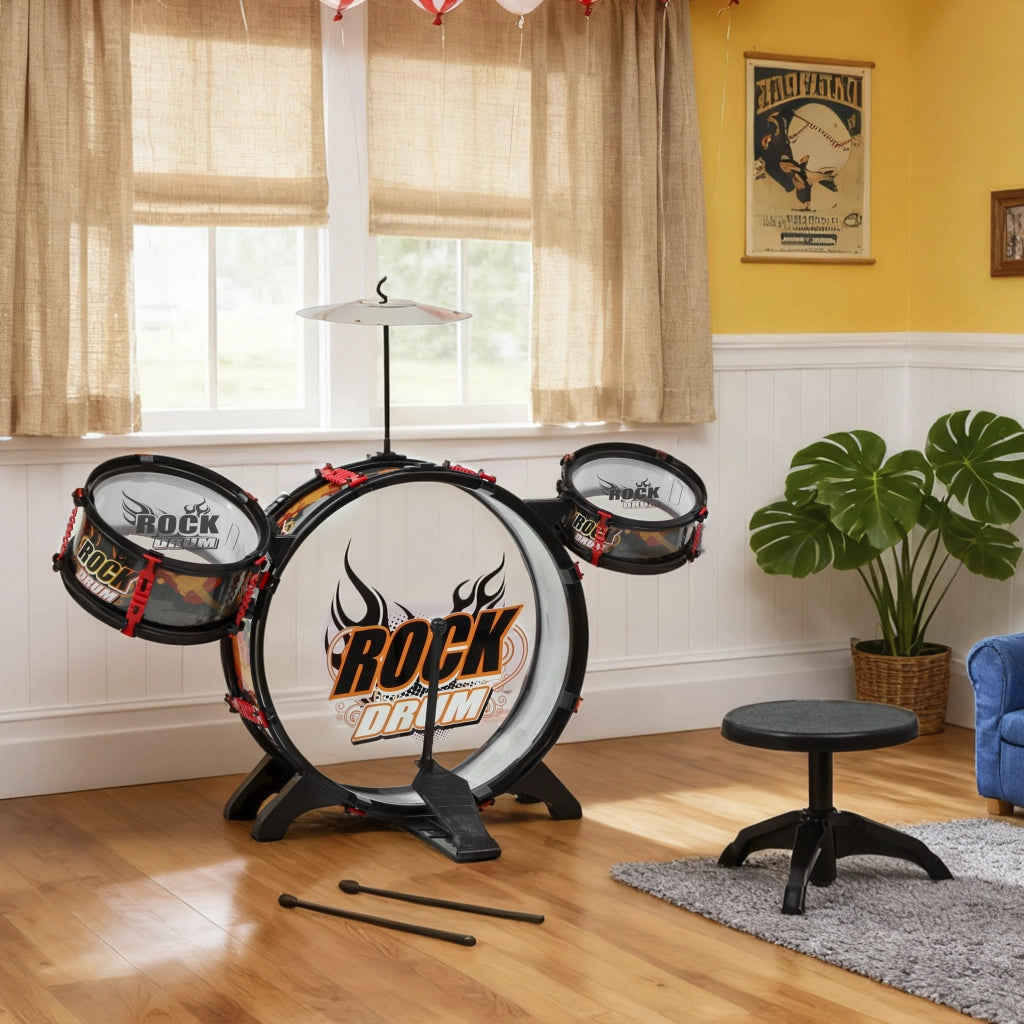 Set Batteria Giocattolo per Bambini con Sgabello, Gioco Musicale per Bambini 3-6 Anni, Nero