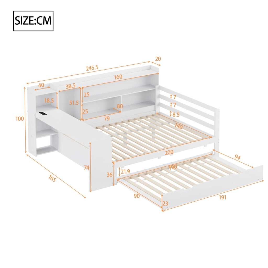 DESMIU Letto combinato 140 × 200 cm 2 posti con scrivania, mensole, prese USB e Type-C, senza materasso, bianco