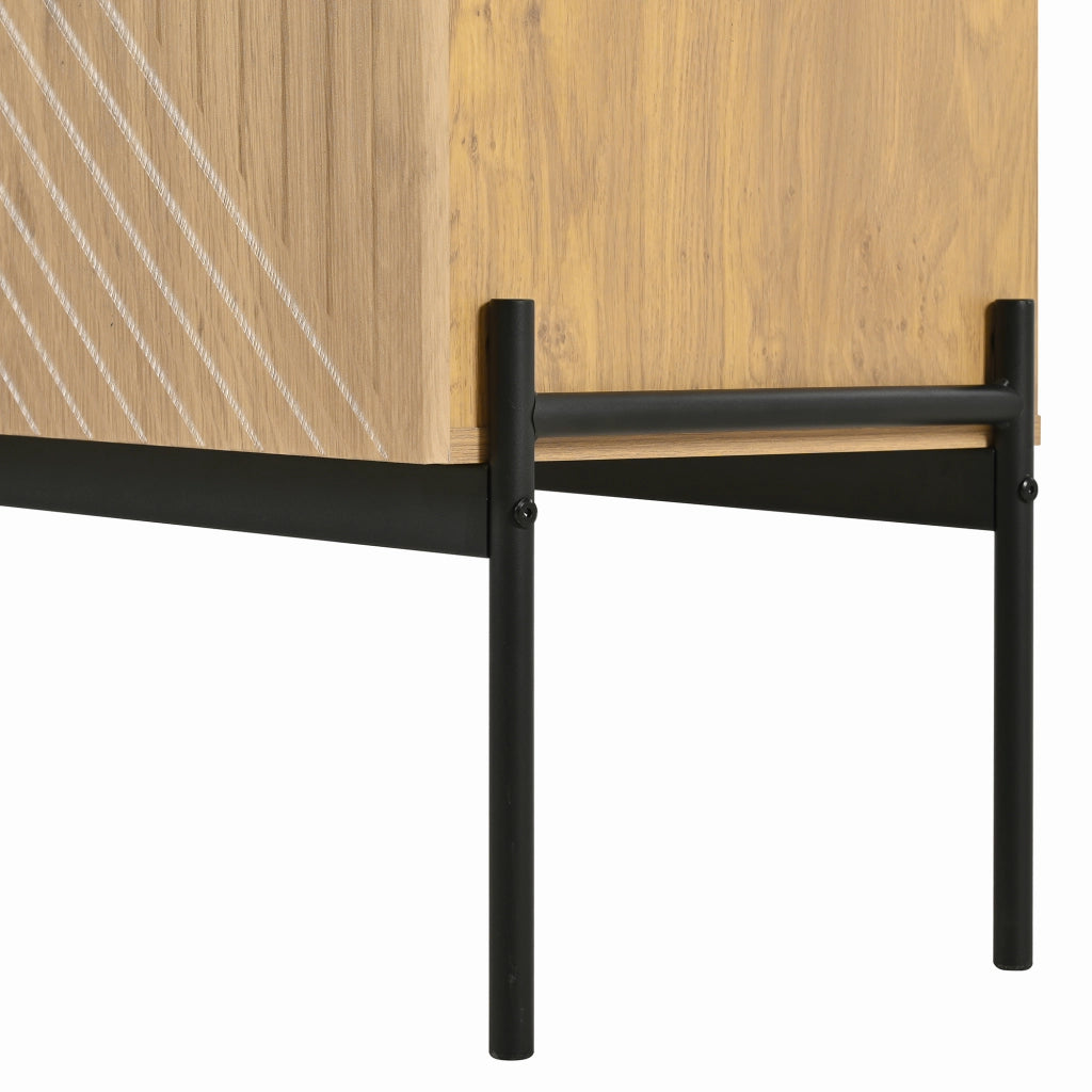 Sideboard moderno con 2 ante e 3 cassetti, struttura in truciolare con gambe in metallo, colore Natural, 140x40x75 cm