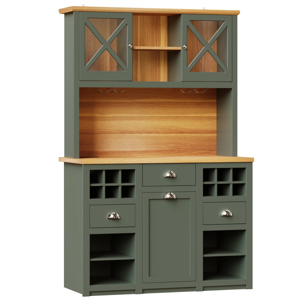 Mobile Cucina Alto con Ante in Vetro e LED, Portabottiglie ¨C MINIMAL ¨C Verde 120x45x188 cm