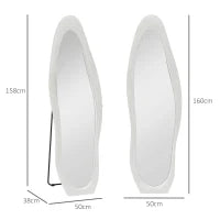 Specchio a Figura Intera con Cornice Ondulata in Velluto, Specchio da Terra e da Parete, 160x50 cm, Bianco