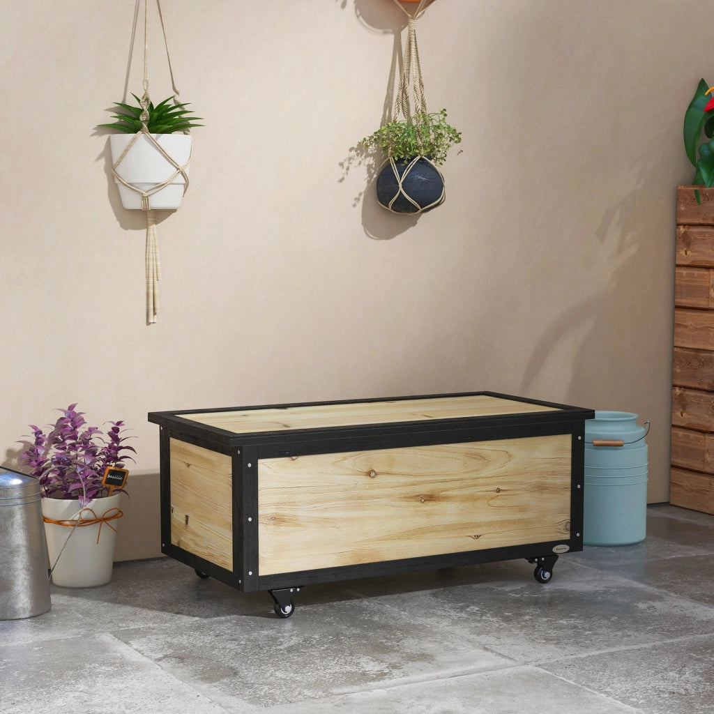 Cassapanca da esterno in legno massello di abete con 2 ruote, 121 l, per balcone e terrazzo, naturale 100 × 50 × 43 cm