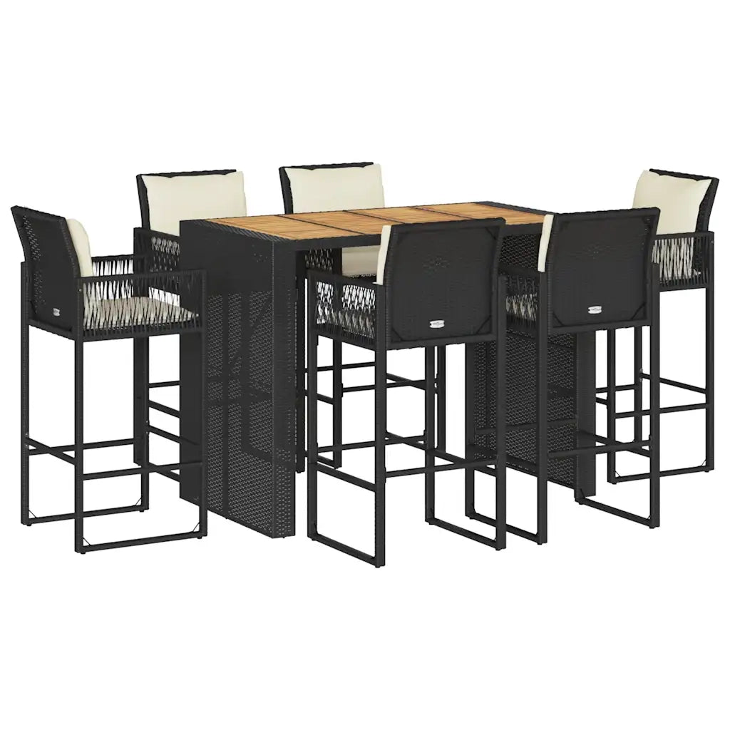 Set Bar da Giardino 7 pz con Cuscini Nero in Polyrattan Acacia 3328902