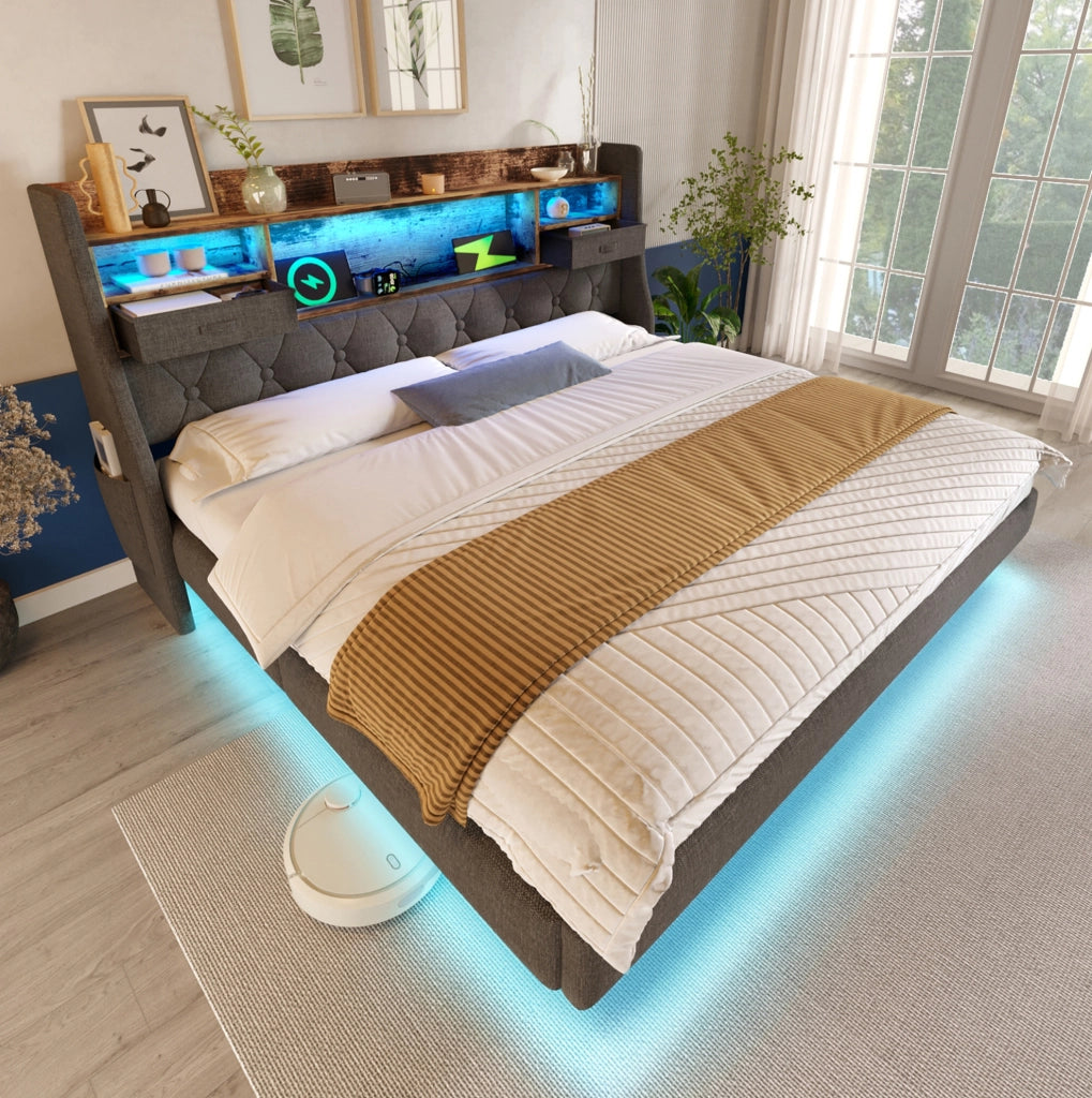 Letto 140x200 cm con LED; porta USB C e testiera contenitore; lino grigio