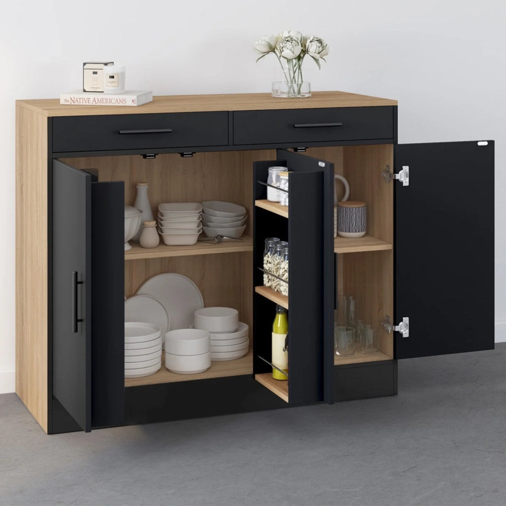 IDMarket - Cassettiera bassa da 110 cm ALTO con contenitori effetto faggio e nero