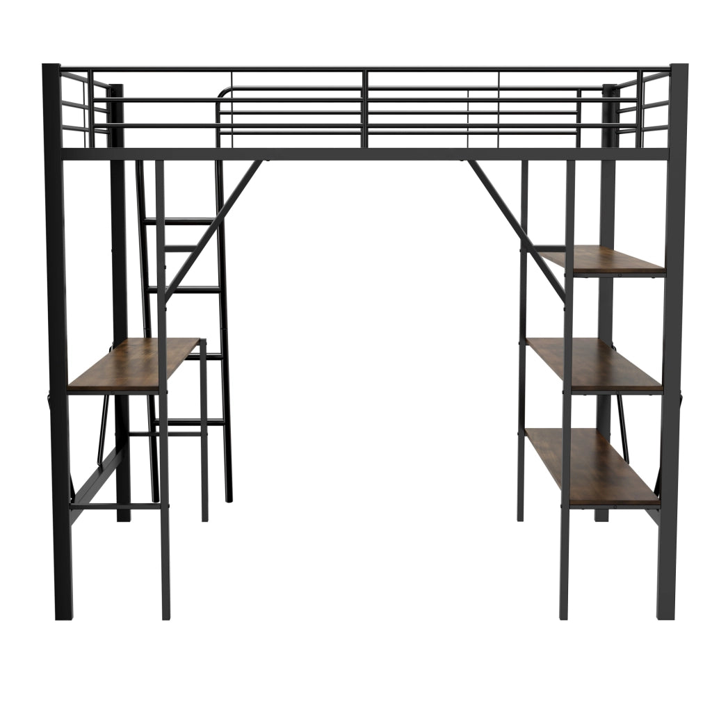Letto a soppalco ULEVR 90x200 cm con scrivania e 3 ripiani, struttura in metallo e MDF nero
