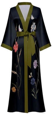Kimono da camera per donne con lunghe maniche a fiori, abito da bagno morbido per ragazze da sposa (nero - lunghe maniche a fiori)