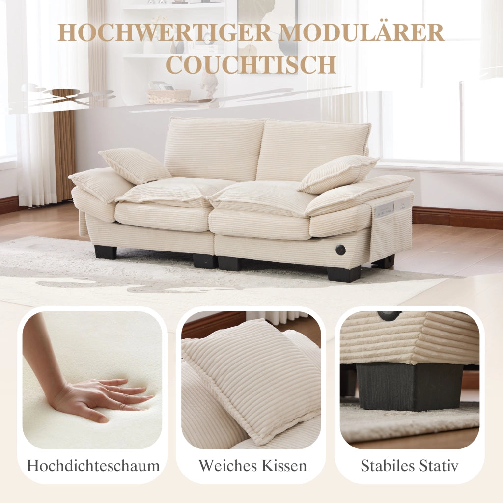 Sofa a due posti con seduta ampia, design ergonomico, USB-C e tasche laterali in corduroy beige 190 × 73 × 84 cm