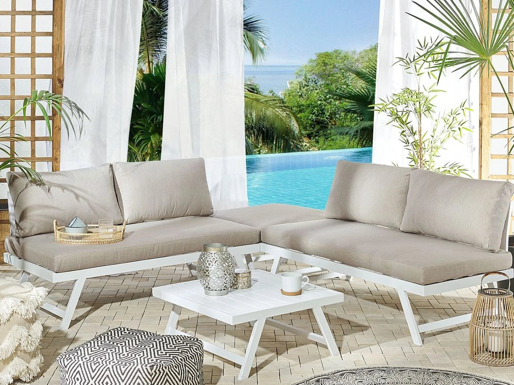 Set Divani Da Giardino 5 Posti tortora e bianco Struttura Bianca Sedili Regolabili Tavolino Design Moderno