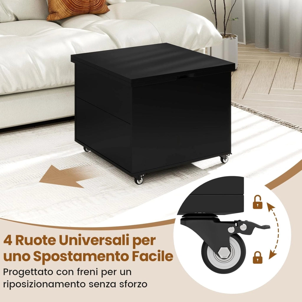 Tavolino da Caffè con Piano Sollevabile, Tavolo Moderno 3 in 1 Pieghevole con Contenitore Nascosto, Cassetto e Ruote Girevole 360°, Tavolino Versatile per Soggiorno e Ufficio (Nero)
