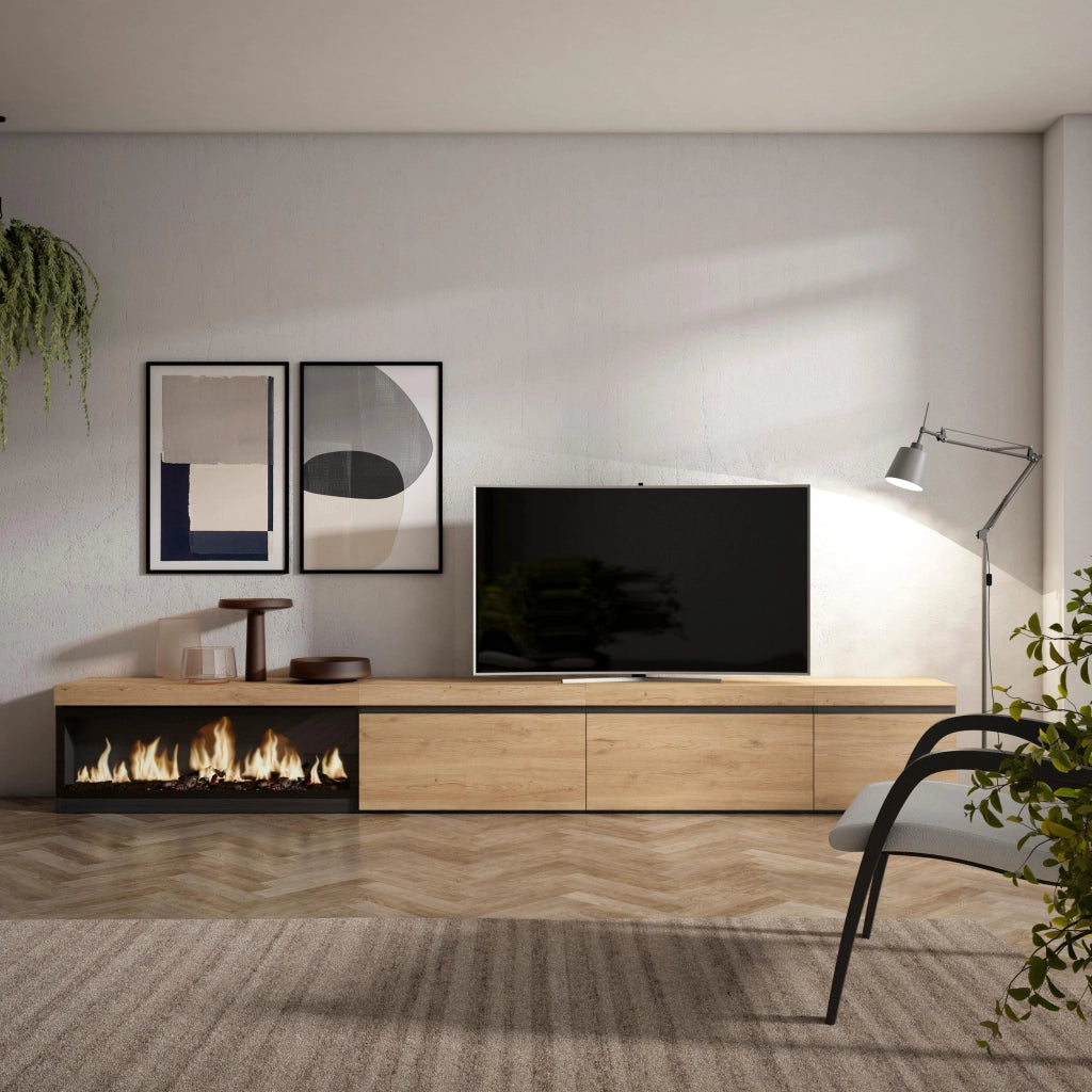 Mobile TV Soggiorno, 317x35x45cm, Camino elettrico XXL, colore Rovere RF3674
